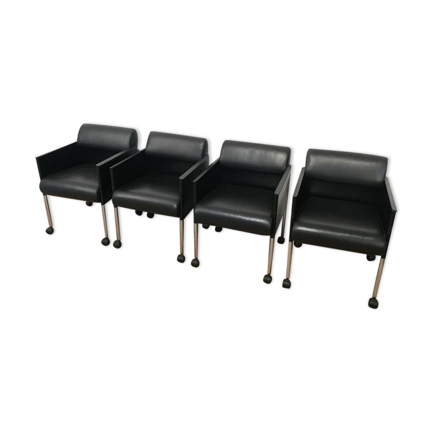 Suite of 4 armchairs in leather and black lacquered metal Rosenthal