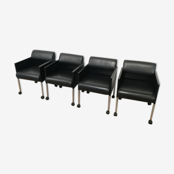 Suite of 4 armchairs in leather and black lacquered metal Rosenthal