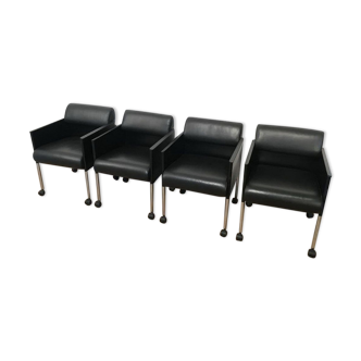 Suite of 4 armchairs in leather and black lacquered metal Rosenthal