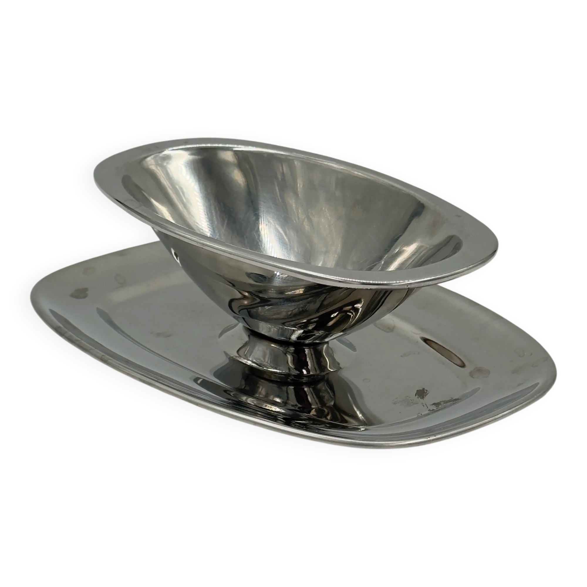 Saucière vintage en acier inoxydable avec plateau ovale intégré