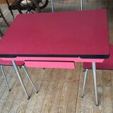 Table set and 2 vintage vintage pale red formica chairs