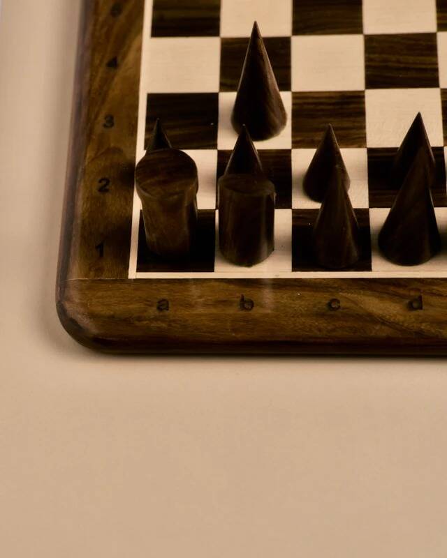 Wooden chessboard, geometric pieces