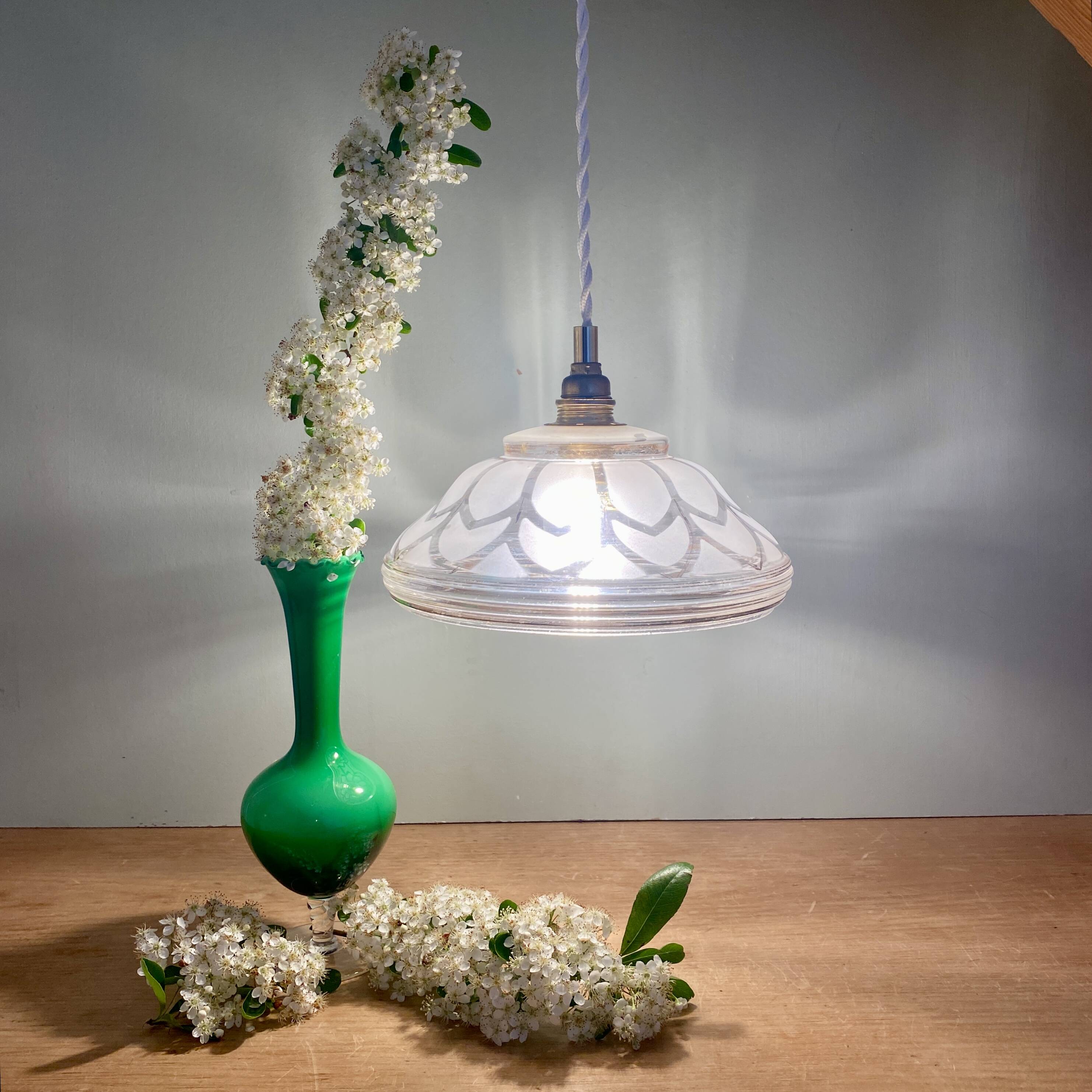 Vintage art deco lampshade pendant light in white and gold frosted glass