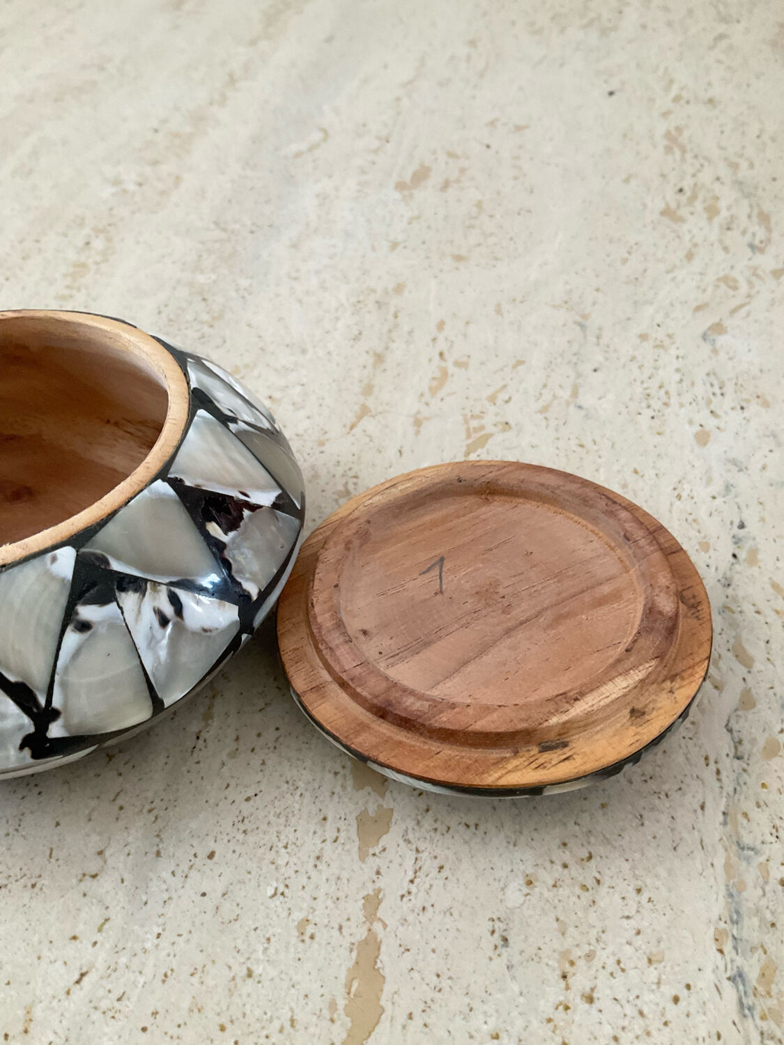 Empty vintage pocket in mother-of-pearl and wood
