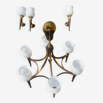 Bronze and brass chandelier set with 6 opalines + 3 appliques