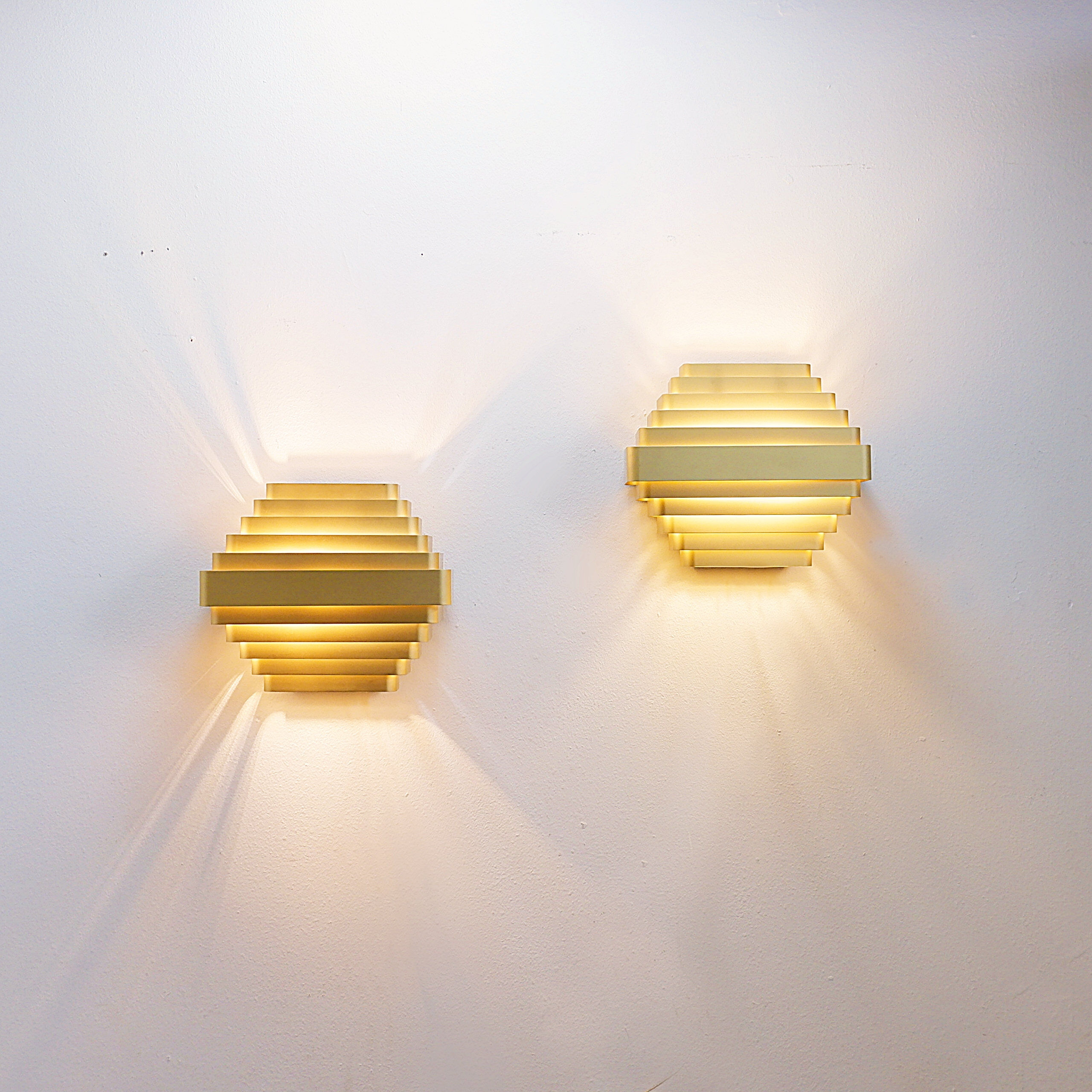 Pair of gold-plated aluminum wall lights by Jules Wabbes - 2 pairs available (1)
