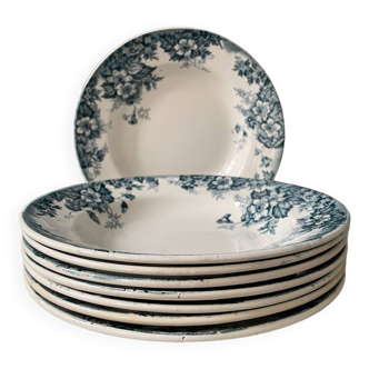 Series of 8 Marie-Louise soup plates, Moulin des Loups and Hamage