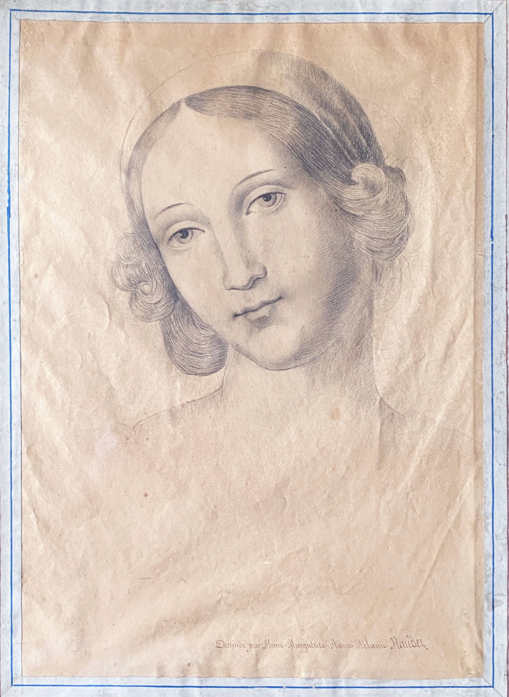 Painting drawing "Portrait of woman" nineteenth century lead mine signed Mauder