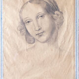 Painting drawing "Portrait of woman" nineteenth century lead mine signed Mauder