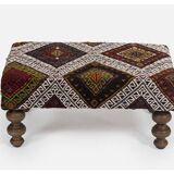 Turkish Handwoven Kilim Tribal Footstool Pouf