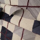 Cream Navy Wool Kilim Rug, Modern Check Diamond Flatweave Carpet 192x160cm