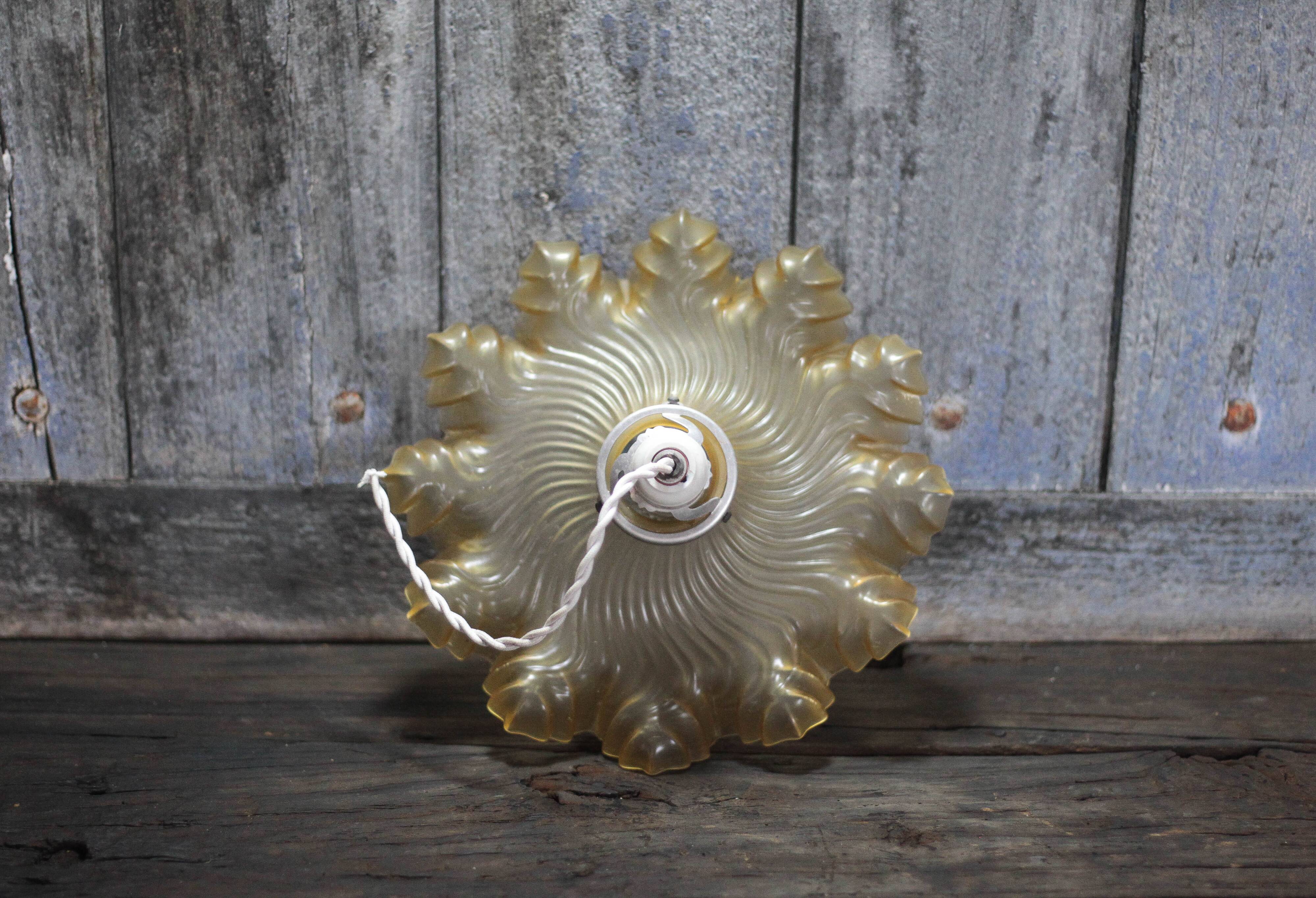 Vintage yellow glass suspension with corolla, glass chandelier, ceiling lamp.