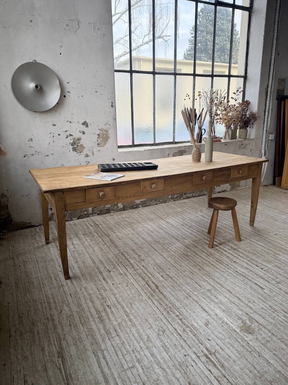 Pine and oak farmhouse table with multiple drawers, communal type, 240cm.