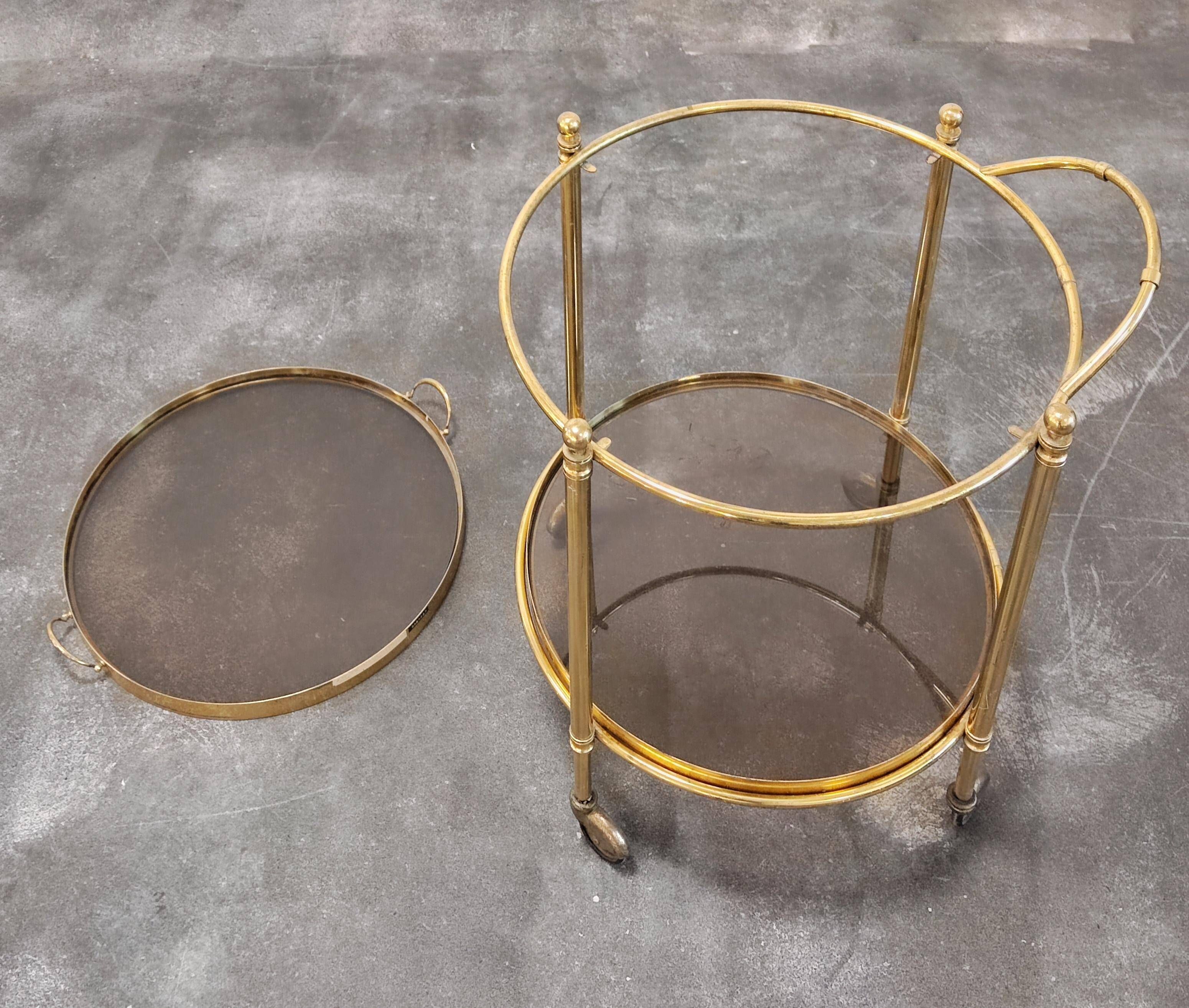 Hollywood Regency bar cart in bronze and smoked glass, 1950s