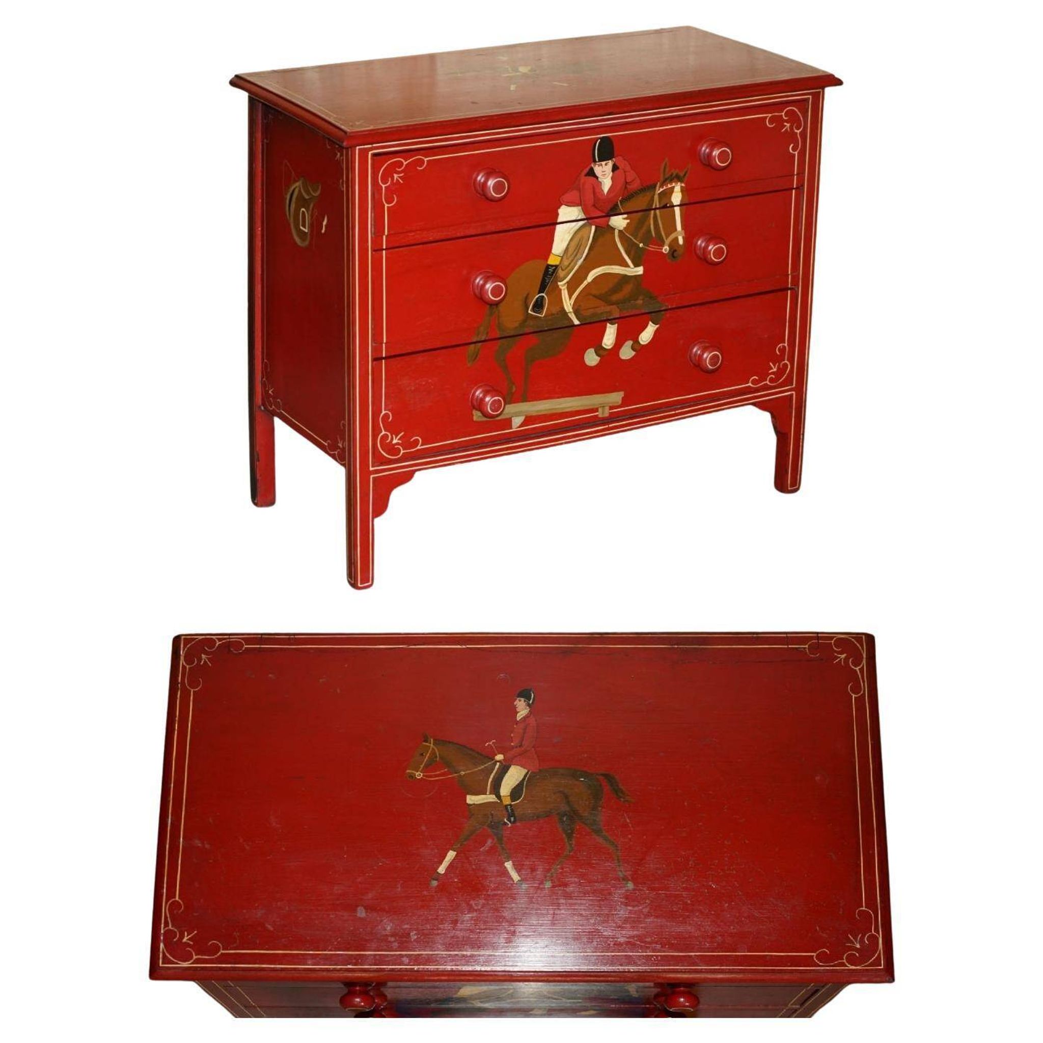 Hand-painted Victorian pine commode featuring a horse and jockey.