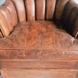 Vintage sheap leather armchair,  large smoker chair in brown sheapleather, Big leather fauteuil