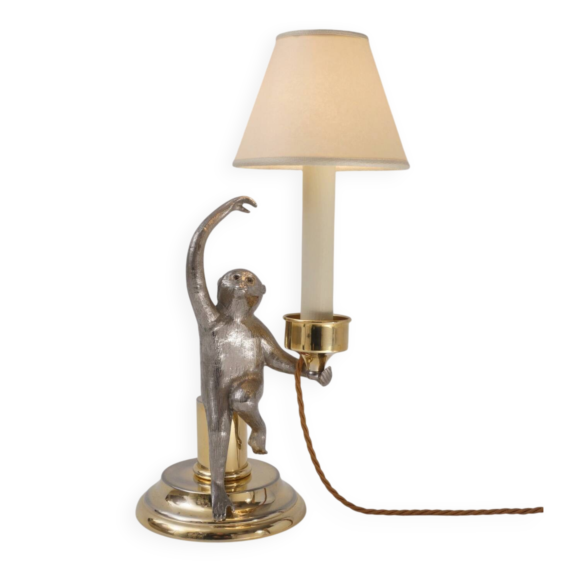 Hauy Pouigo Monkey candlestick table lamp silver plated bronze 1970's Italy