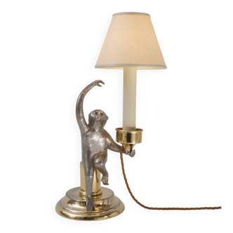 Hauy Pouigo Monkey candlestick table lamp silver plated bronze 1970's Italy