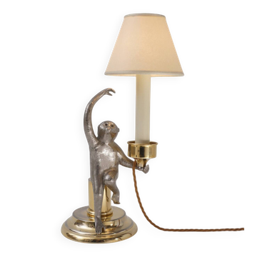 Hauy Pouigo Monkey candlestick table lamp silver plated bronze 1970's Italy