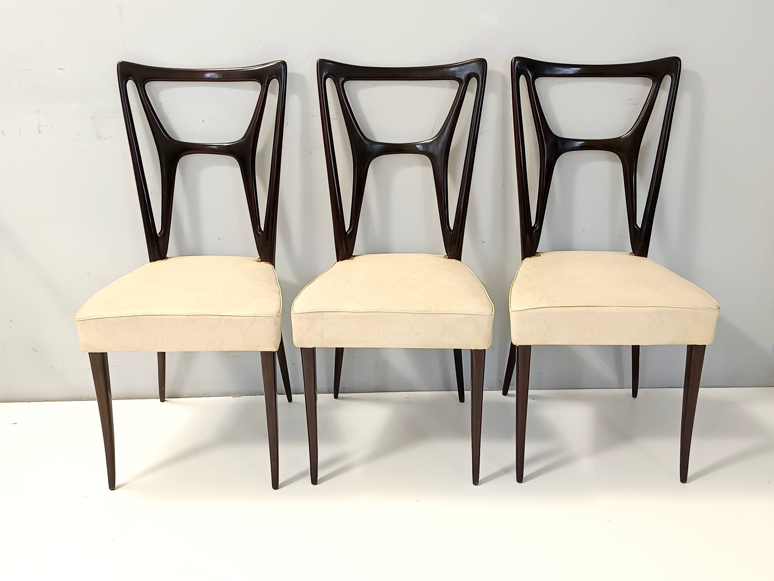 Set of Six Ebonized Beech Dining Chairs with Ivory Skai Upholstery, Italy