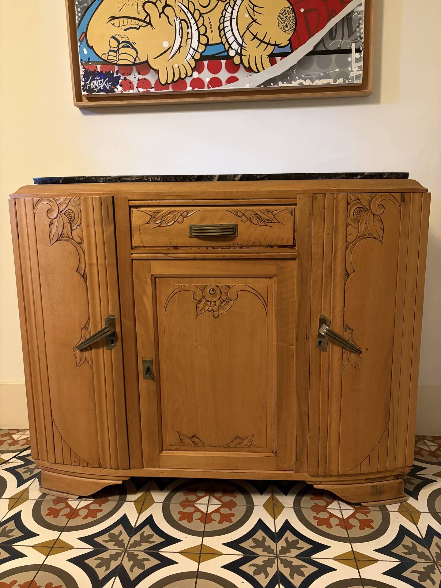 Buffet ancien en bois et marbre, style Art déco