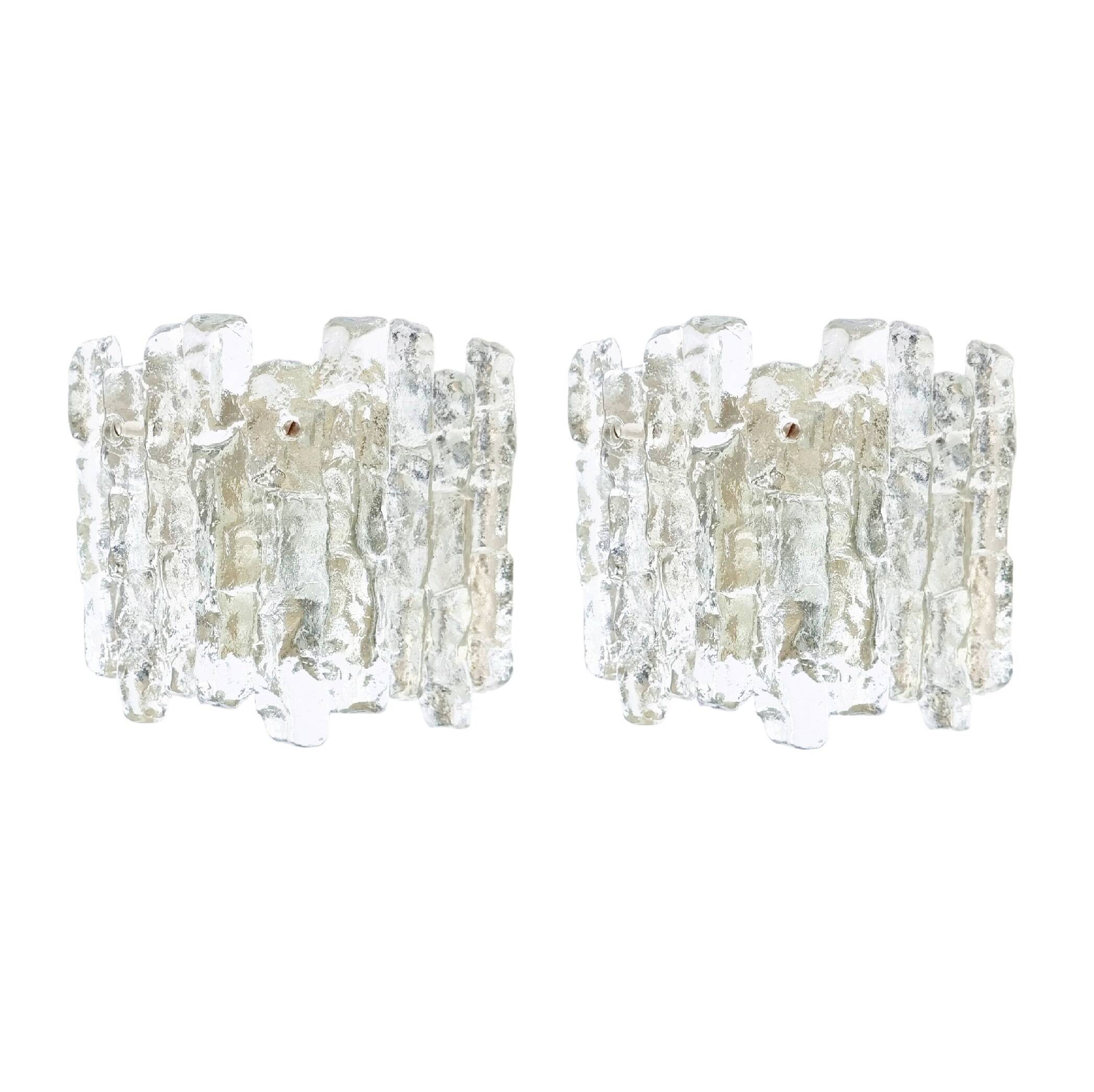 Pair Of Mid Century Ice Glass Wall Lamps From Kalmar Franken, Austria,1960s
