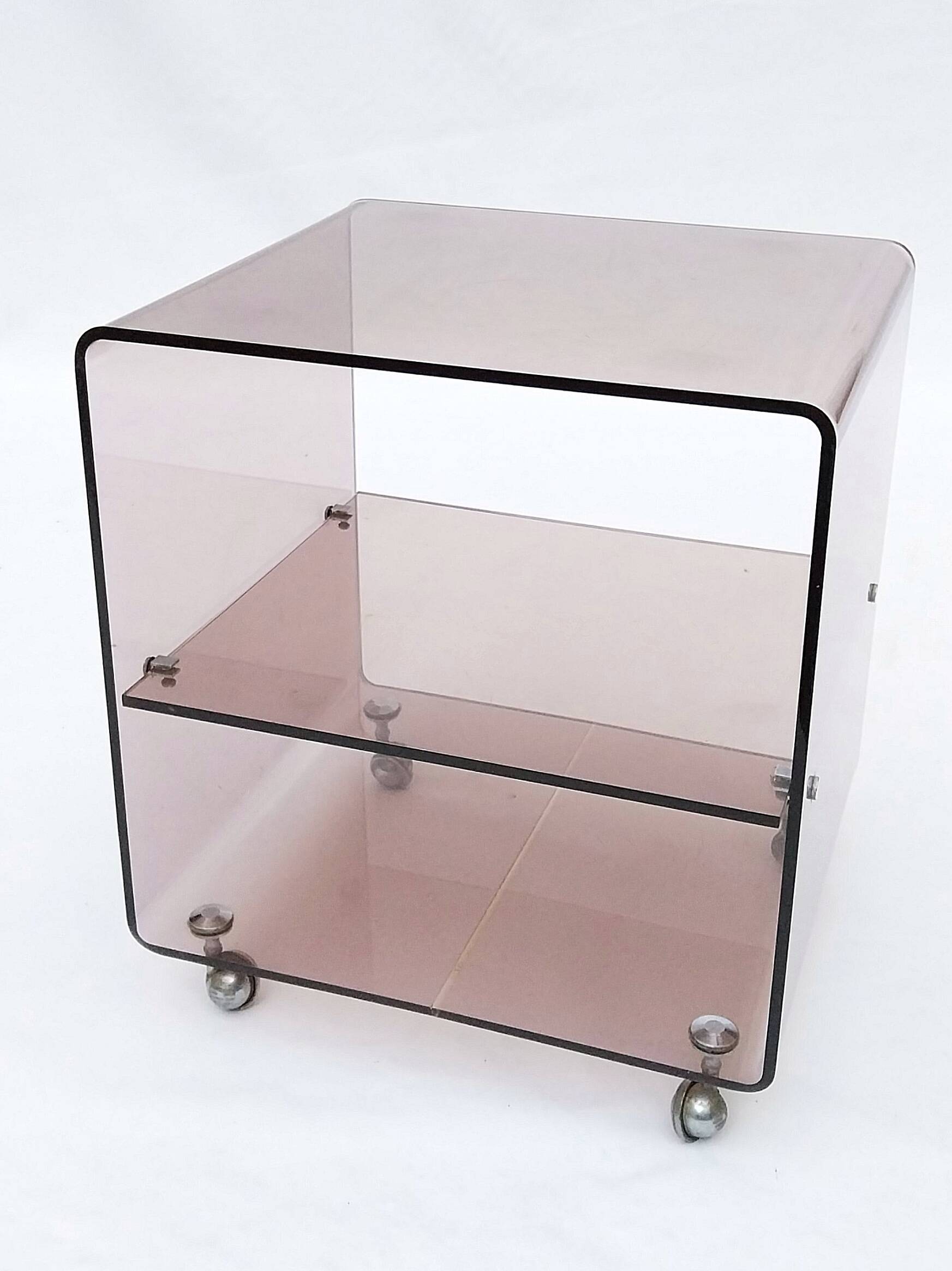 Michel Dumas smoked plexiglass rolling trolley for Roche Bobois 1970