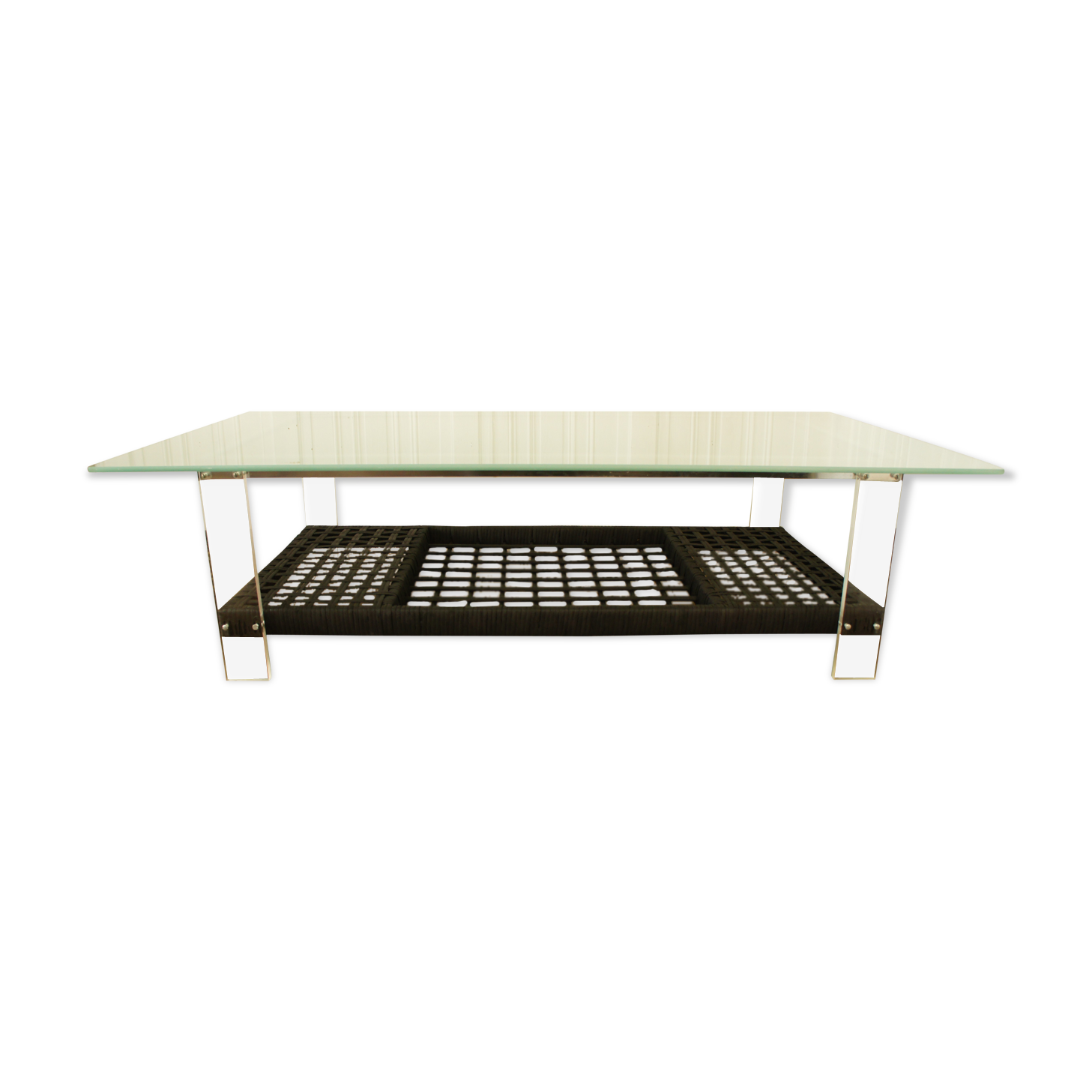 Rattan coffee table, plexiglass, frosted glass - chrome