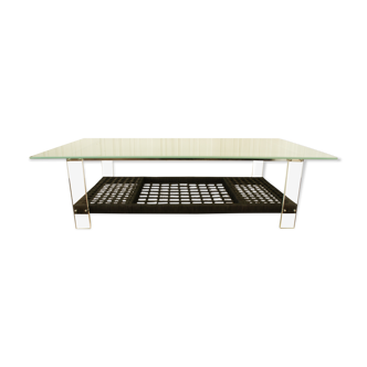 Rattan coffee table, plexiglass, frosted glass - chrome
