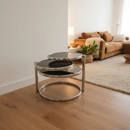 Vintage coffee table with 3 levels and rotating trays in chrome metal and smoked glass - Space Age 1970s.