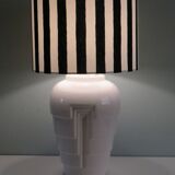 Vintage Ikea table lamp in white ceramic, Memphis style with black and white lampshade.