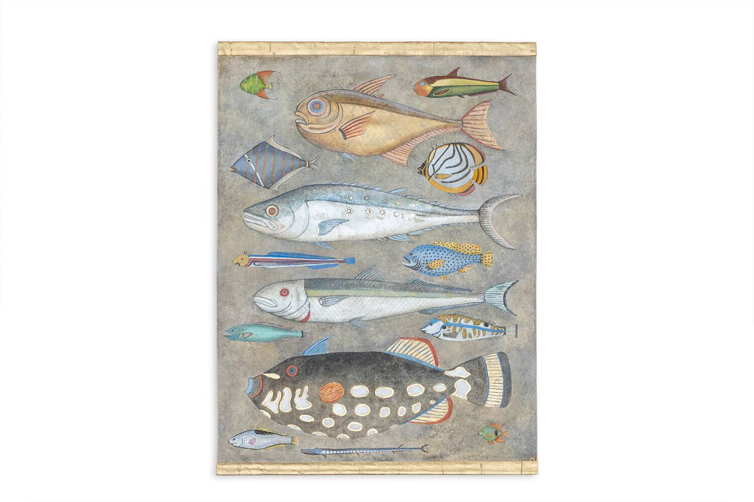 Painted canvas representing a board of fish. Contemporary work.