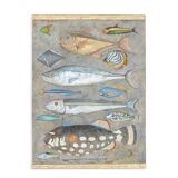 Painted canvas representing a board of fish. Contemporary work.