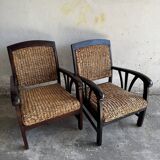 Set of two colonial dark-brown wooden armchairs with natural rattan seating (pair)