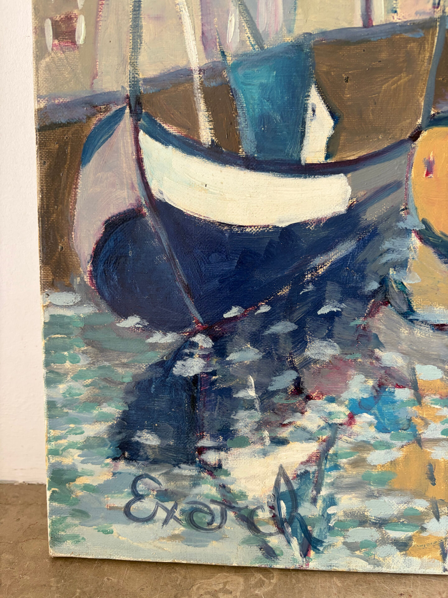 Houses by the port in the mist, oil on canvas signed 1989