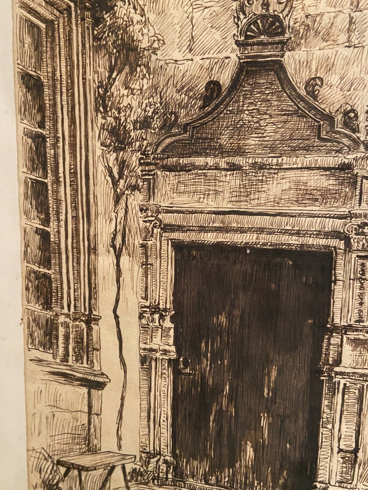 Ink drawing early twentieth century representing a Renaissance style entrance to a residence