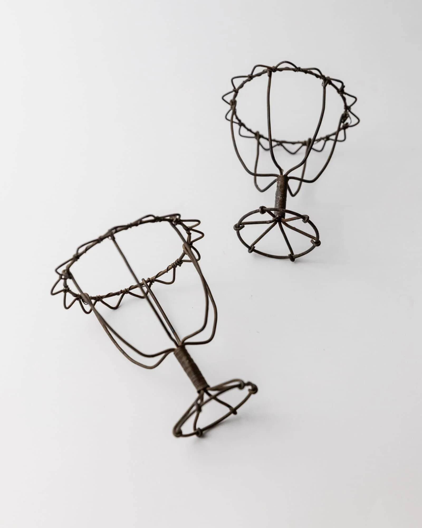 Lot of 2 antique wire candlesticks, 1850s.