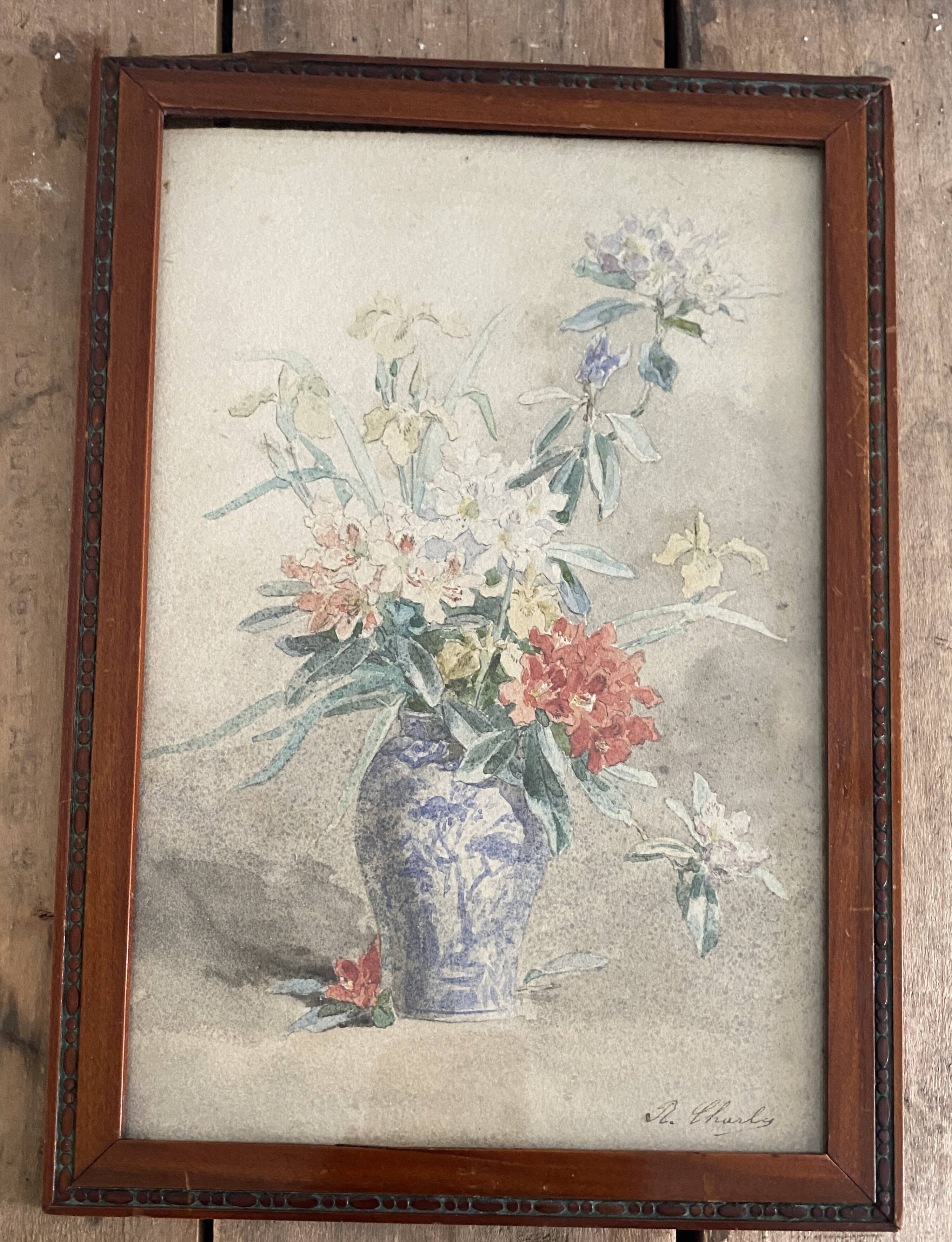 Aquarelle et cadre bois vernis 1900