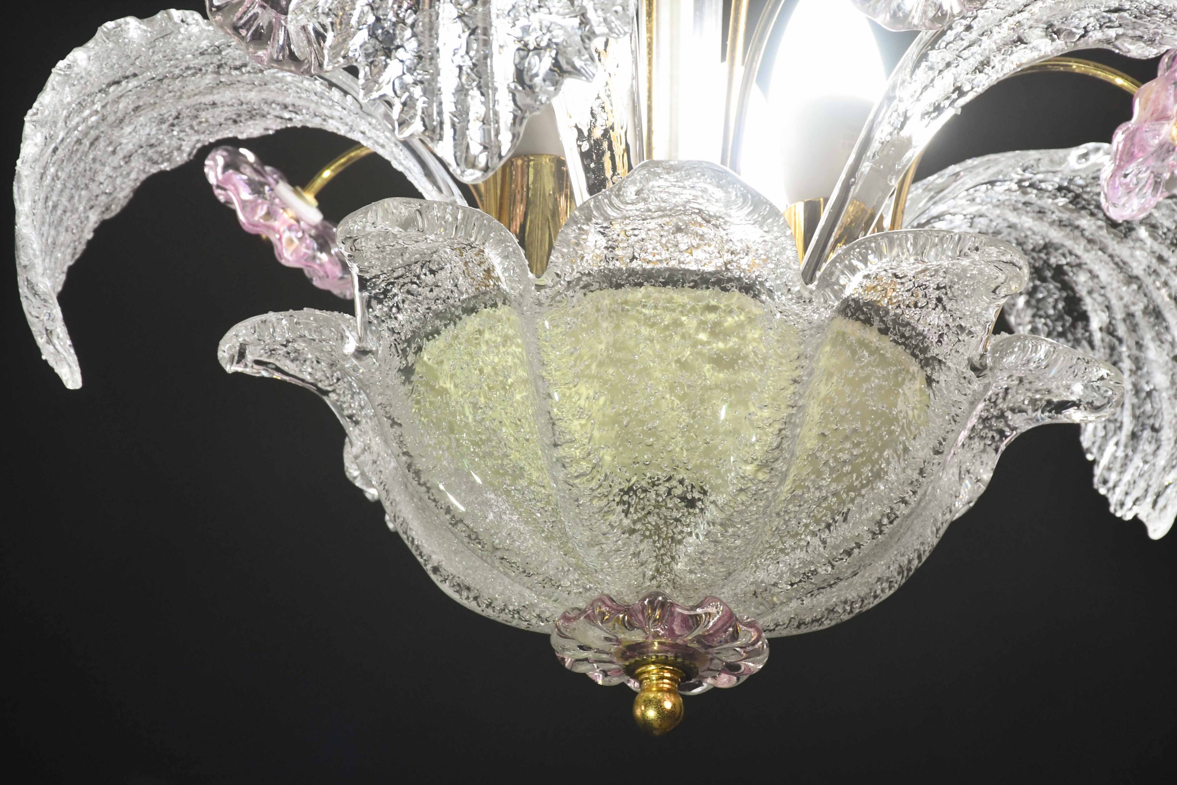 vintage Venetian chandelier, pink flower Murano glass, 1970s