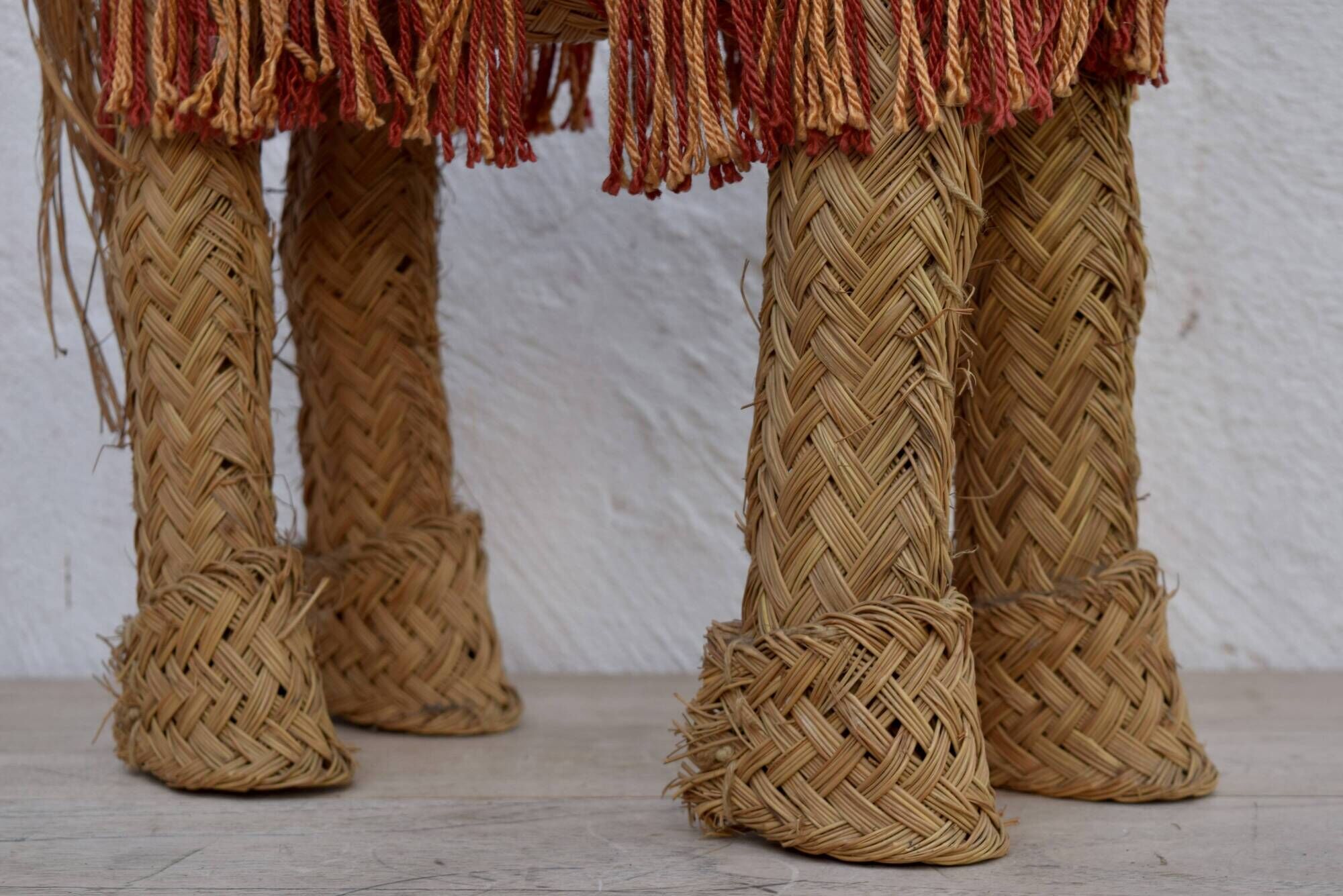Spanish decorative donkey in raffia carrying two jars - 62 cm high - 1950