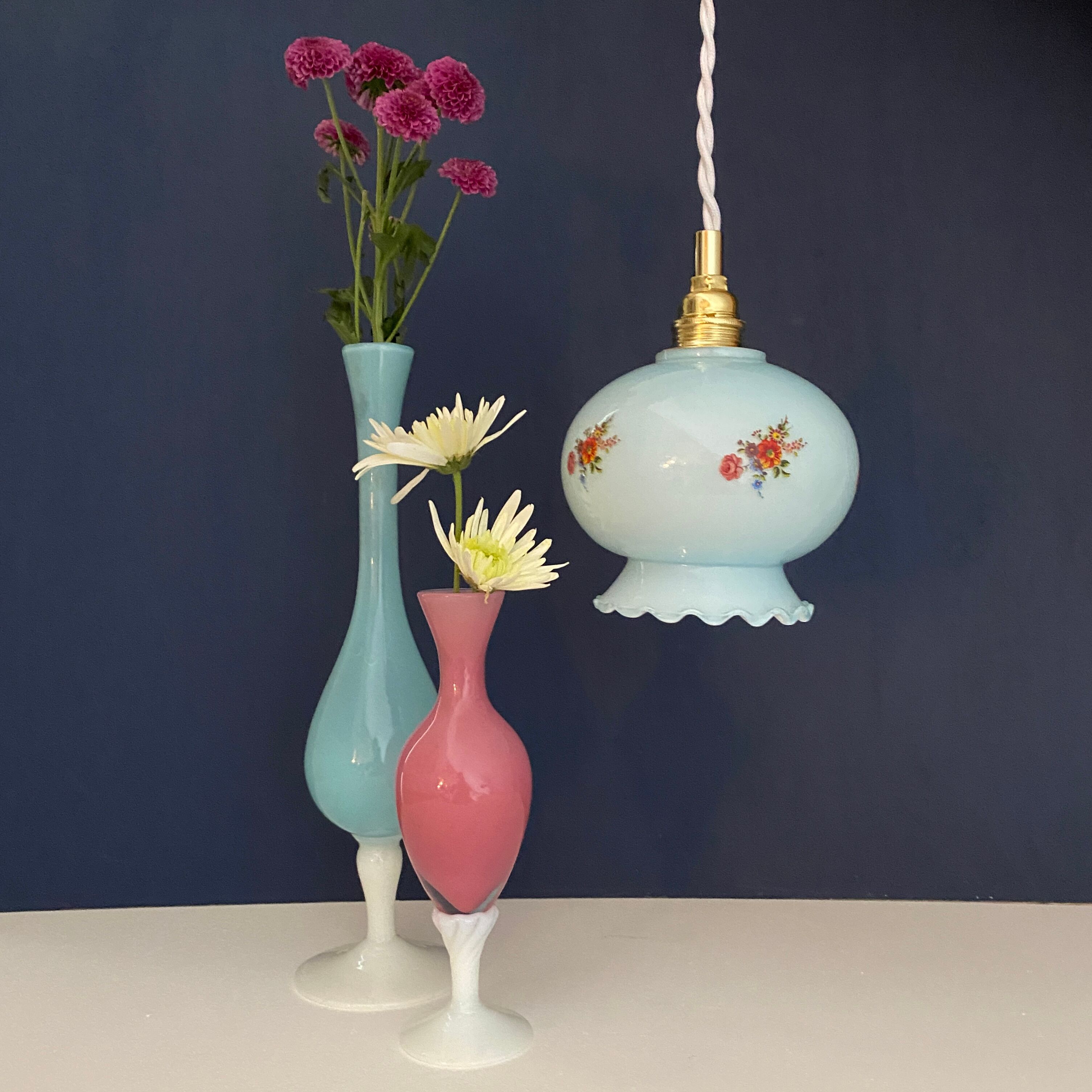 Vintage blue opaline tulip ride with flower design