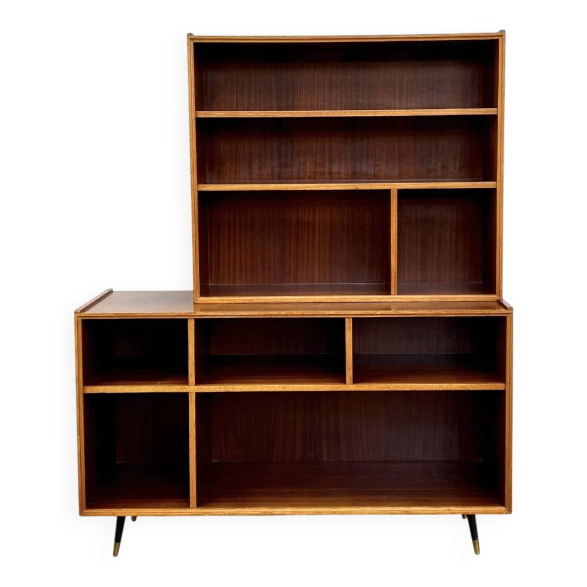 Asymmetrical mahogany bookshelf — 2 offset elements, custom-made, 1960s