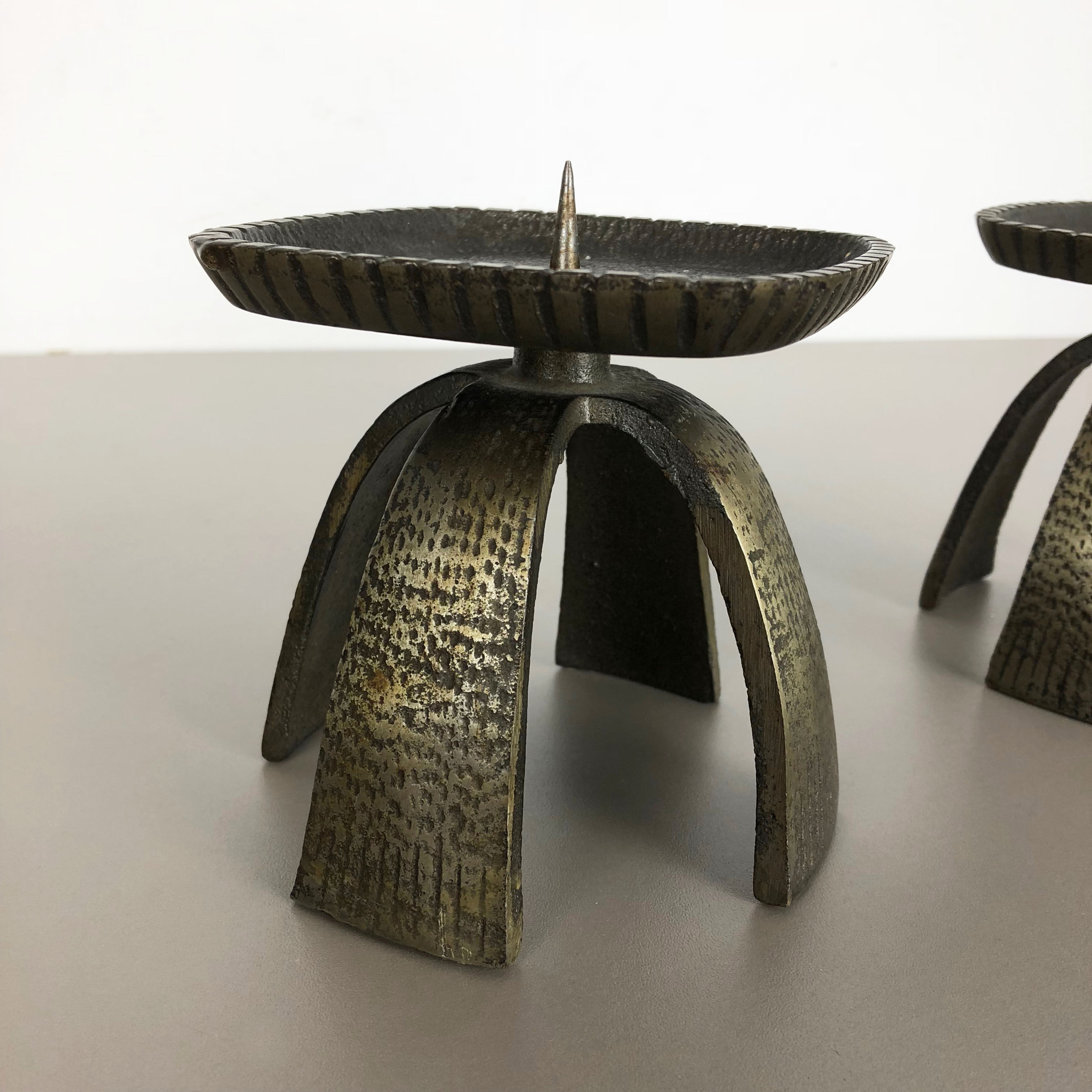 Set of 2 Modernist Vintage 1970s Sculptural Brutalist Metal Candleholder, France