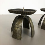 Set of 2 Modernist Vintage 1970s Sculptural Brutalist Metal Candleholder, France