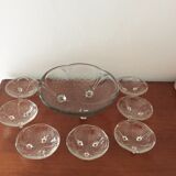 Service à salade de fruits sur 3 pieds en verre (saladier et 7 coupelles)