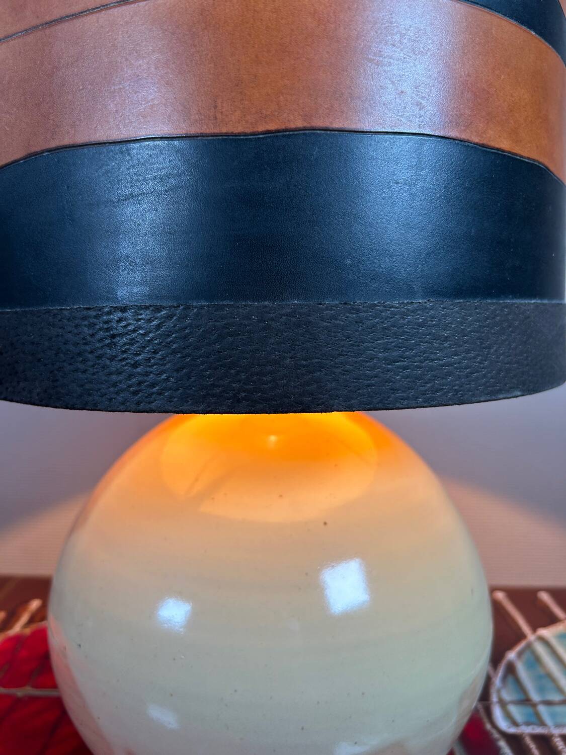 Original vintage ceramic and leather lamp