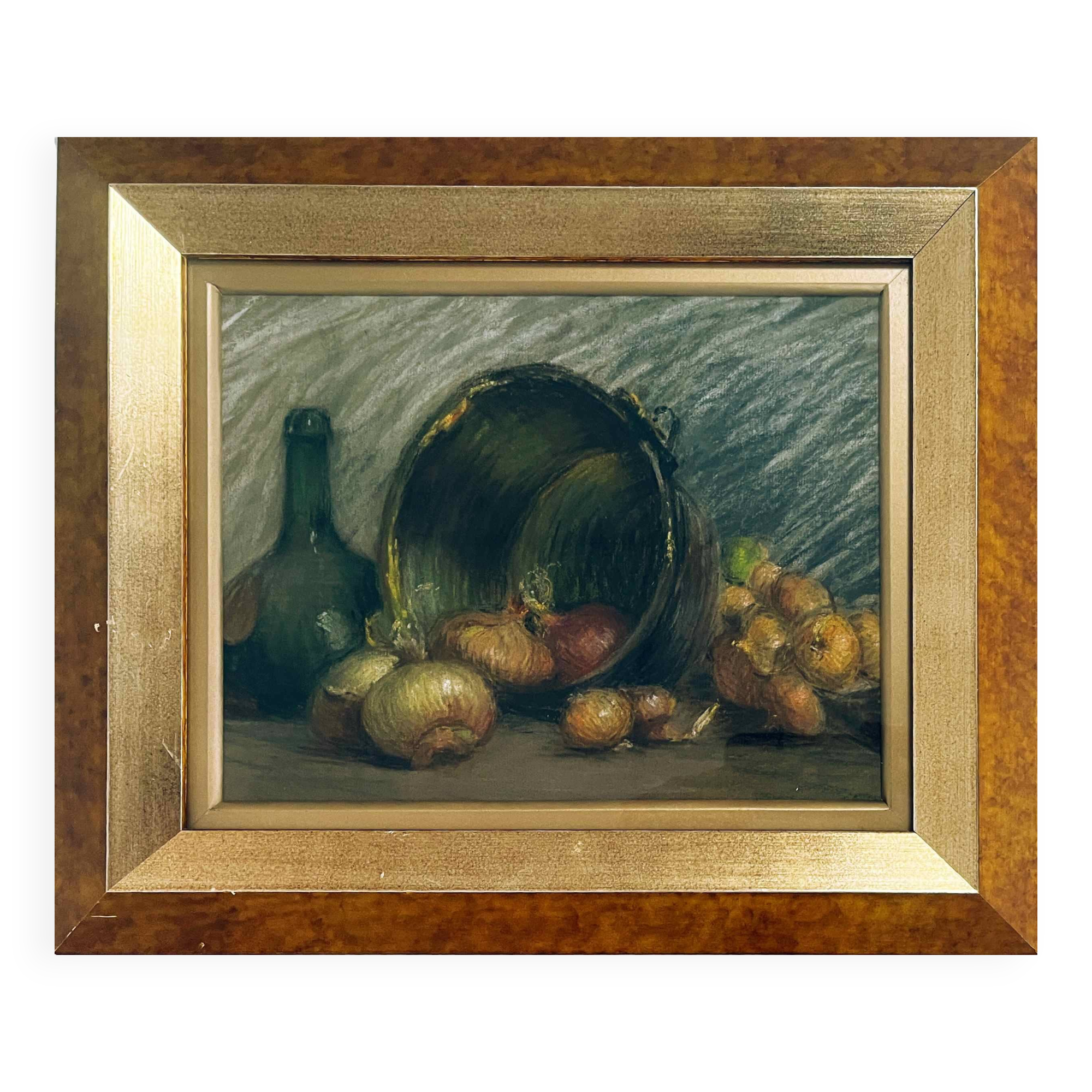 Pastel painting "Still life with onions and bottles" attr. Léonce Pellet
