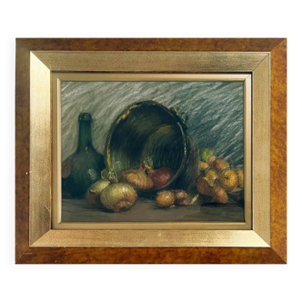 Pastel painting "Still life with onions and bottles" attr. Léonce Pellet
