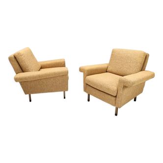 Pair of High-Quality Vintage Honey Yellow Fabric Armchairs, Italy