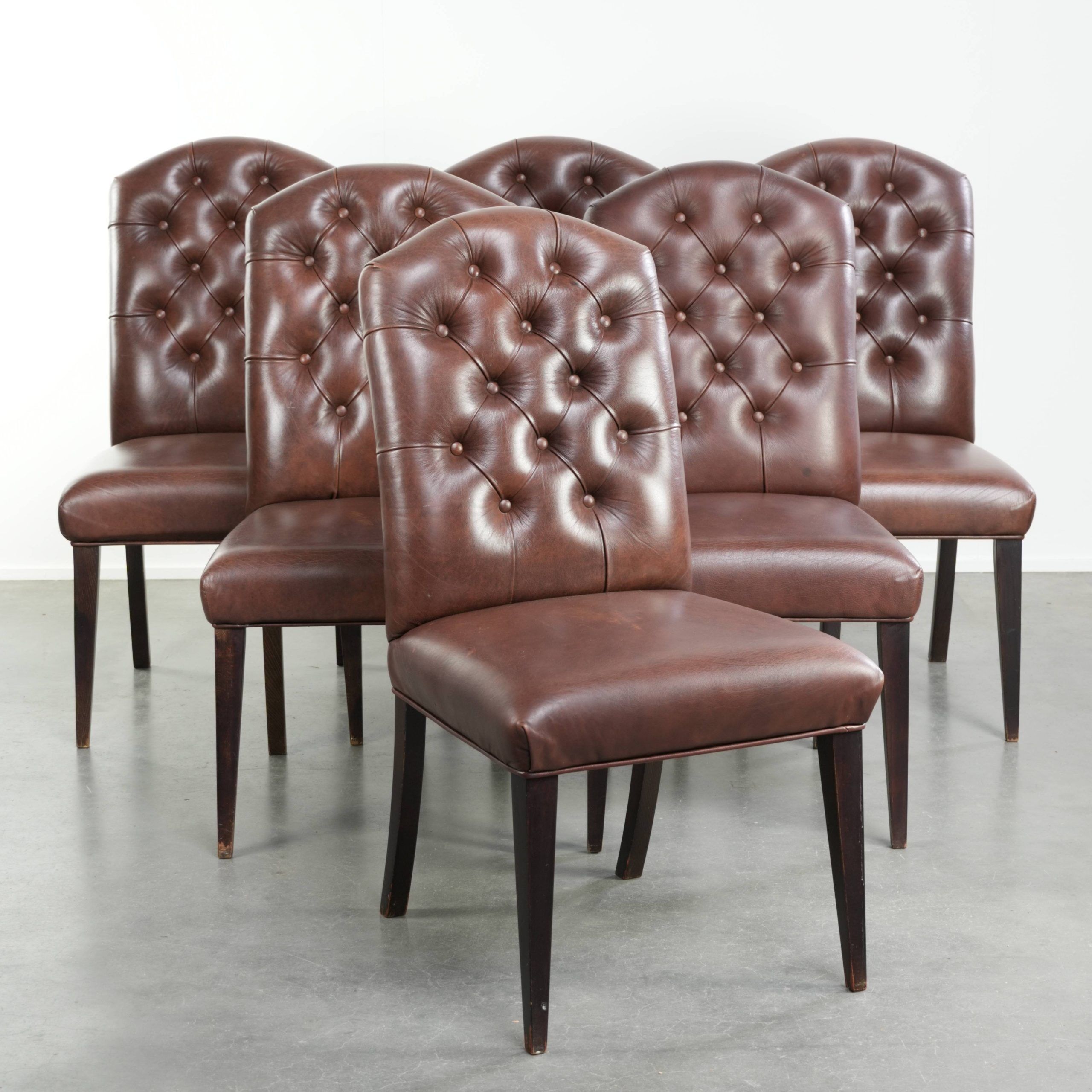 Set of 6 cognac-coloured cow leather Chesterfield dining chairs
